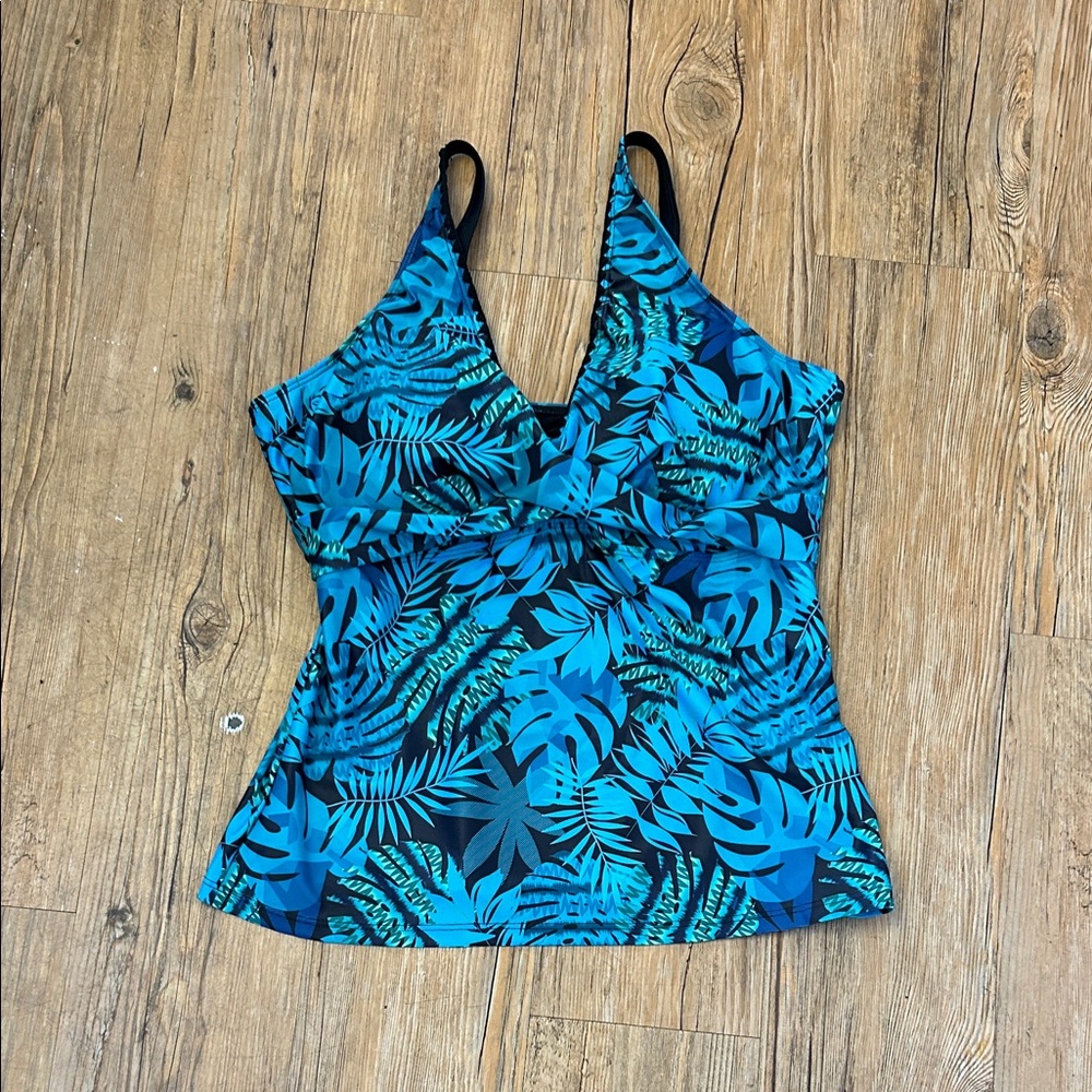 Kate Kasin Blue Tropical Print V-Neck Swim Top XL NWT